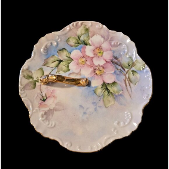 1970s Hand Painted Pink Floral trinket dish hand painted Signed - Picture 1 of 5
